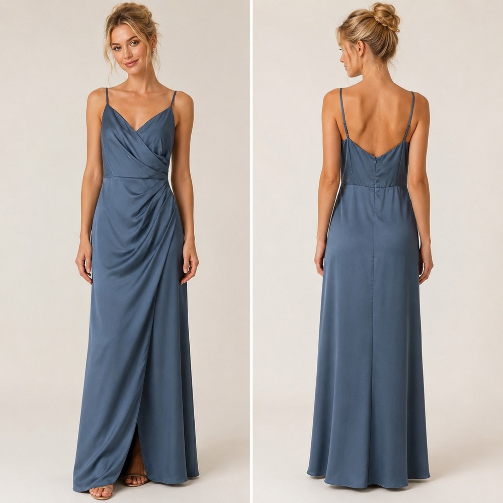 Kennedy Blue Satin Faux Wrap Sleeveless Maxi Bridesmaid Gown Dress Formal Glam